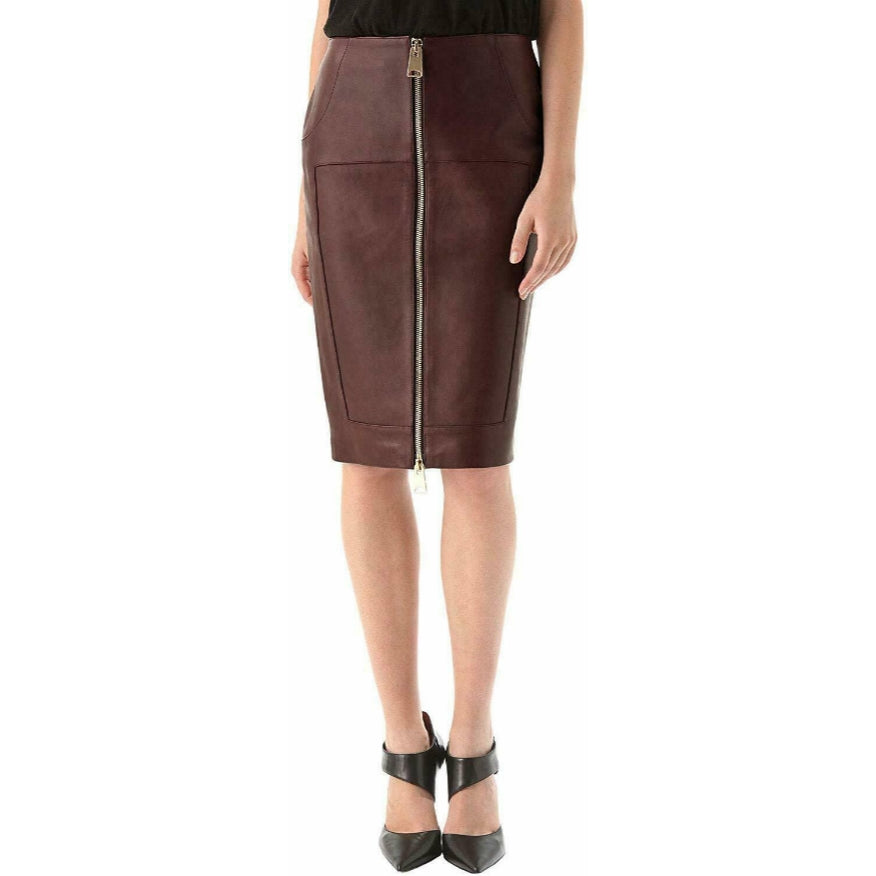 Knee Length Real Lambskin Leather Skirt for Women