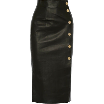 Women's Knee Length 6 Button Front Closer Skirt Made with High Quality Leather