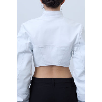 Women's Premium Crop Jacket Made with High Quality Lambskin Leather White