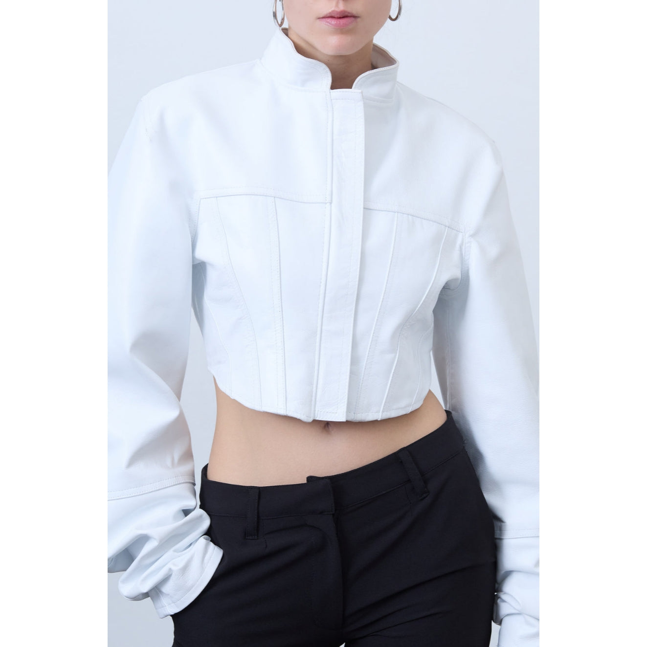 Women's Premium Crop Jacket Made with High Quality Lambskin Leather White