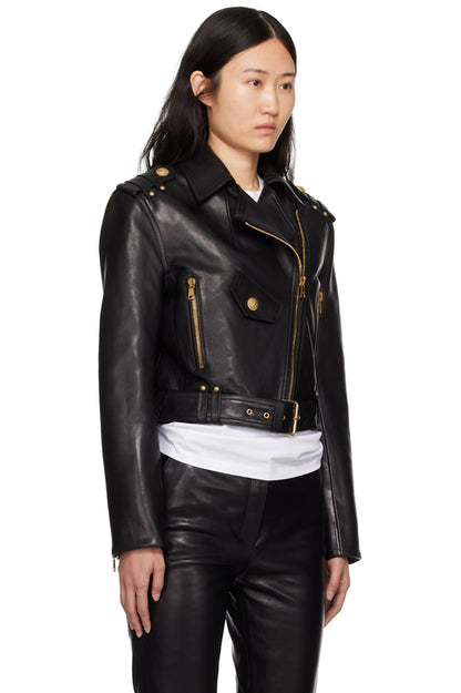 Women's Genuine Lambskin Leather Motorcycle Jacket with Golden Zip