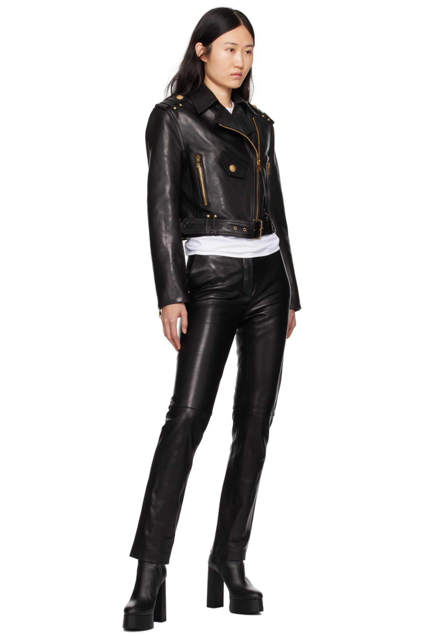 Women's Genuine Lambskin Leather Motorcycle Jacket with Golden Zip