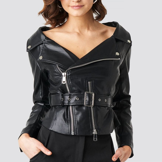 New Women's Belted Biker Motorcycle Jacket Made with Genuine Lambskin Leather.