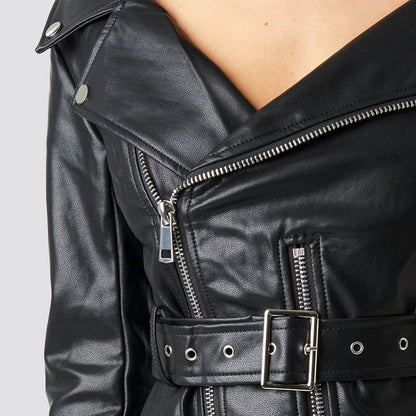 New Women's Belted Biker Motorcycle Jacket Made with Genuine Lambskin Leather.