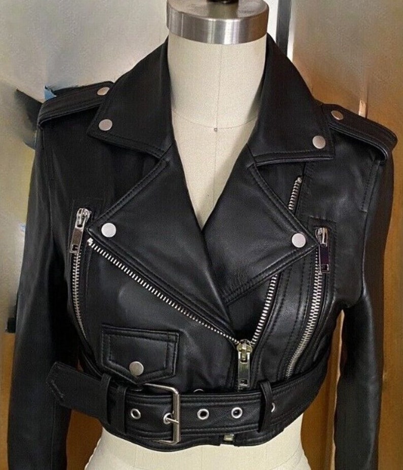 Women's New Cropped Motorcycle Jacket Made with Genuine Lambskin Leather Jacket