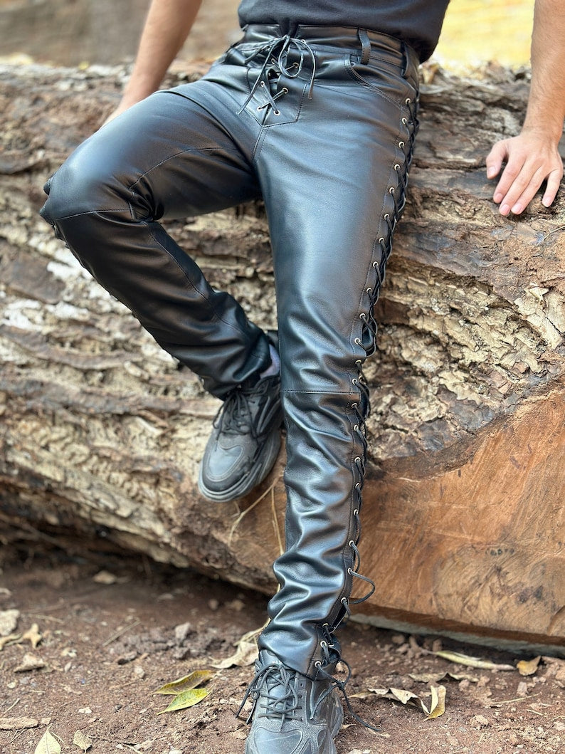 Men's Genuine Leather Biker Pant Side Laces Style Genuine Lambskin Leather Pant.