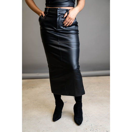 Women's Stylish Black Full Length Skirt with Back Pocket Made with Genuine Lamb Skin Leather