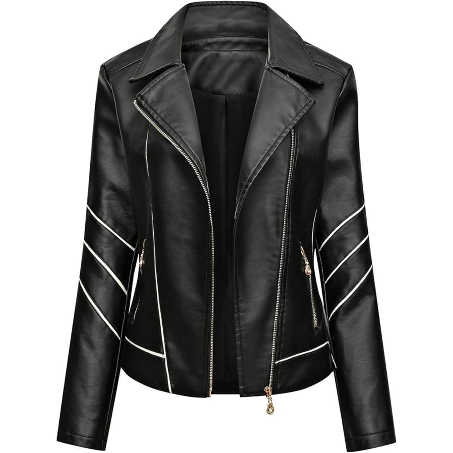 Mosh Leather Black Café Racer Women's Genuine Sheepskin Leather Jacket with White Stripes