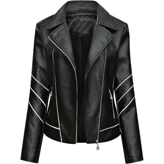 Mosh Leather Black Café Racer Women's Genuine Sheepskin Leather Jacket with White Stripes