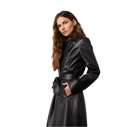 Women's Belted Trench Coat Made with High Quality Leather