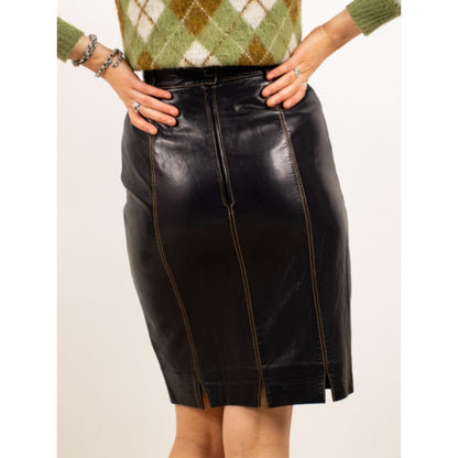 Women's Black Real Lambskin Leather Above Knee Skirt Brown Stitching