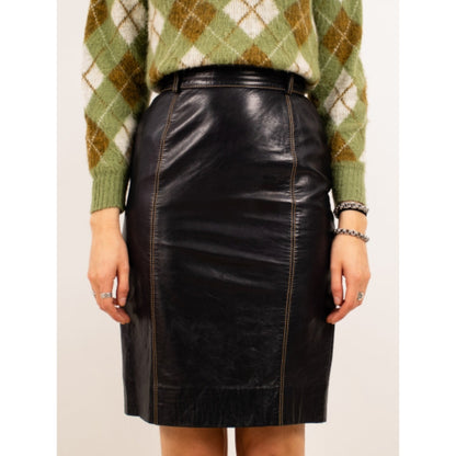 Women's Black Real Lambskin Leather Above Knee Skirt Brown Stitching