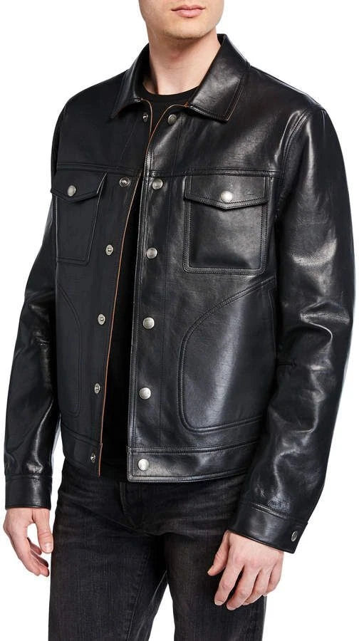 Men's Collar 6 Button Genuine Leather Jacket Shirt High Quality Jacket