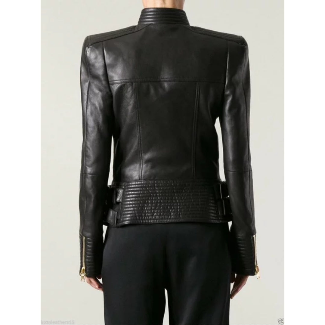 Women's New Genuine Lambskin Leather Jacket with Golden Chain Warm Jacket