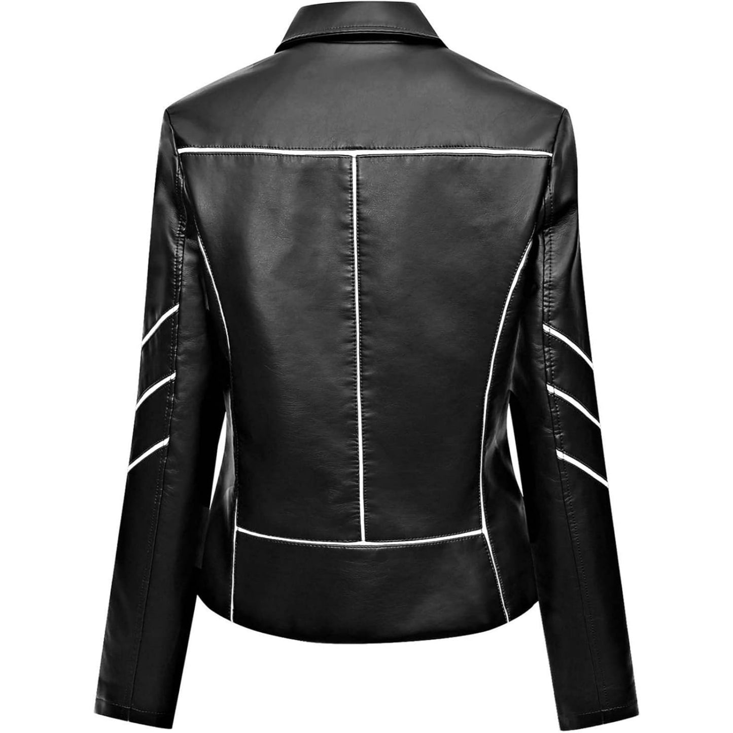 Mosh Leather Black Café Racer Women's Genuine Sheepskin Leather Jacket with White Stripes