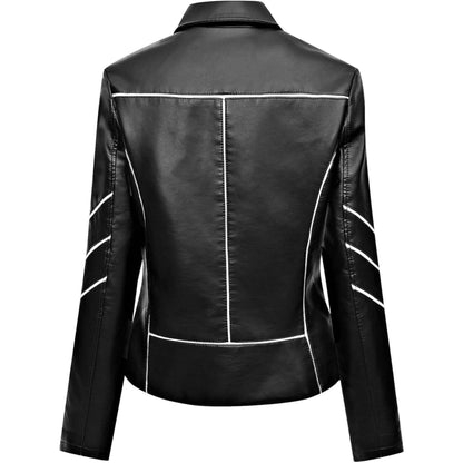 Mosh Leather Black Café Racer Women's Genuine Sheepskin Leather Jacket with White Stripes