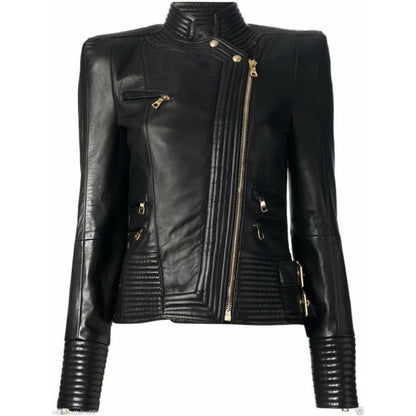 Women's New Genuine Lambskin Leather Jacket with Golden Chain Warm Jacket