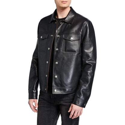Men's Collar 6 Button Genuine Leather Jacket Shirt High Quality Jacket