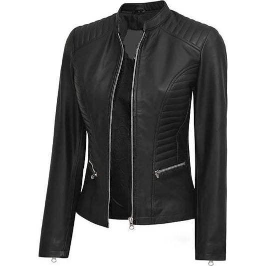 Women's New Stylish 2 Pocket Padded Genuine Lambskin Leather Jacket
