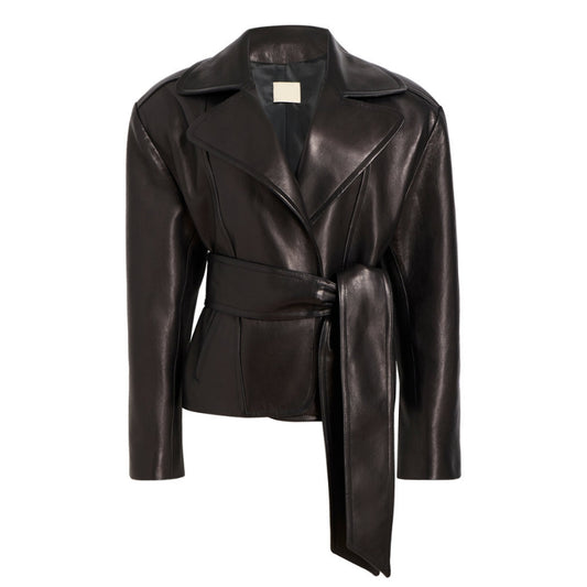 Women's Classic Premium Designer Belted Dark Brown Real Leather Blazer Coat