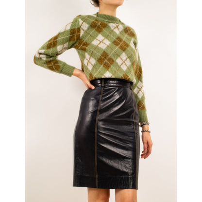 Women's Black Real Lambskin Leather Above Knee Skirt Brown Stitching