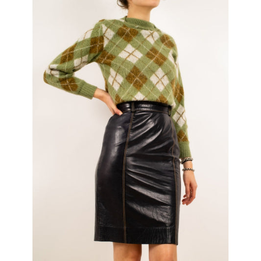 Women's Black Real Lambskin Leather Above Knee Skirt Brown Stitching