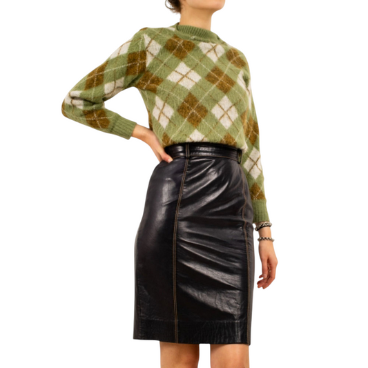 Women's Black Real Lambskin Leather Above Knee Skirt Brown Stitching