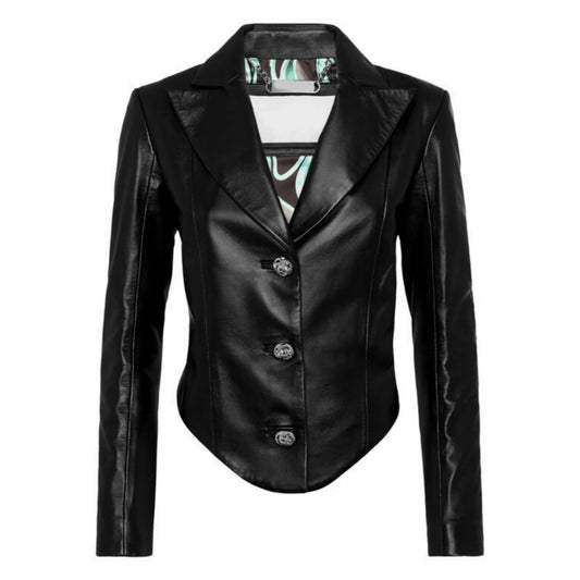 Women's Classic Premium 3 Button Genuine Lambskin Leather Short Blazer