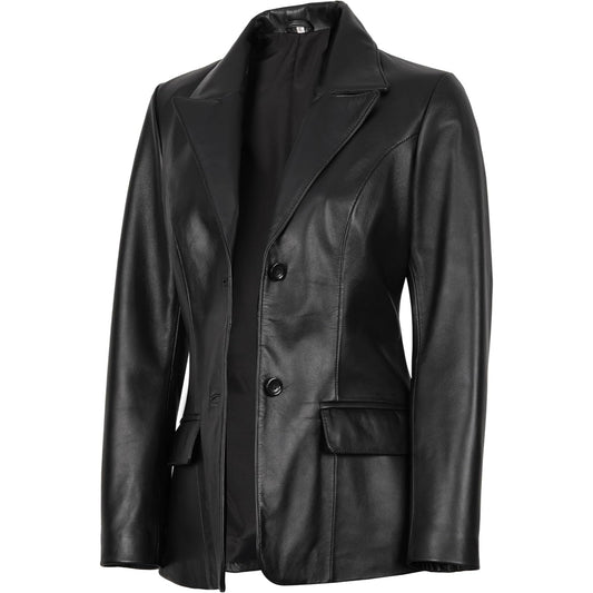 Women's Two Buttons Double Breasted Genuine Lambskin Leather Blazer Jacket