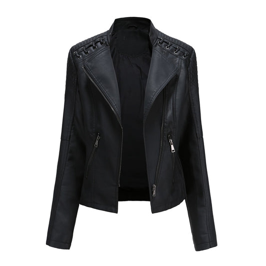 Women's Genuine Leather Jacket, Long Sleeve Lapel Zip Up Moto Biker Short Coat with Pockets