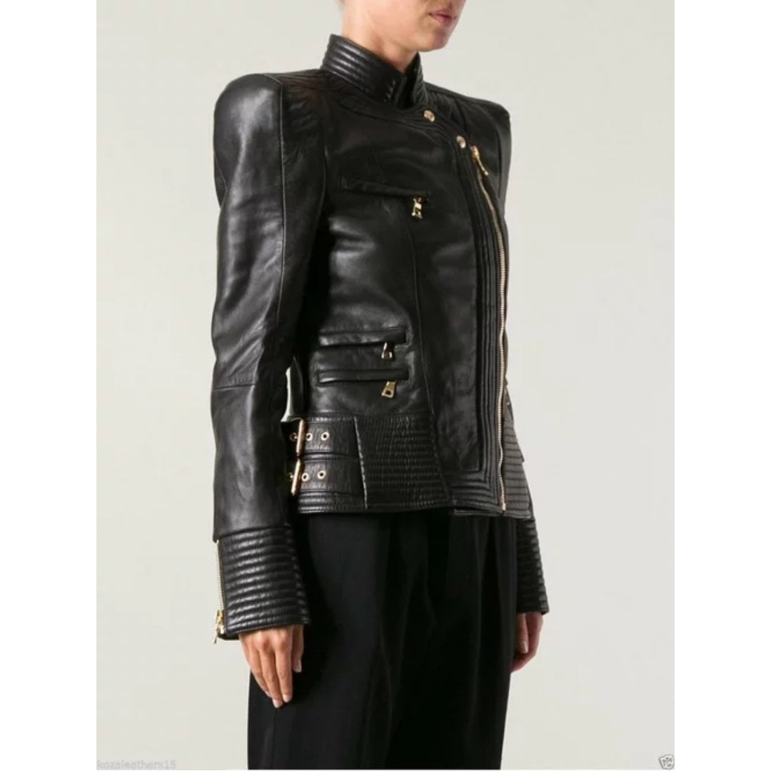 Women's New Genuine Lambskin Leather Jacket with Golden Chain Warm Jacket