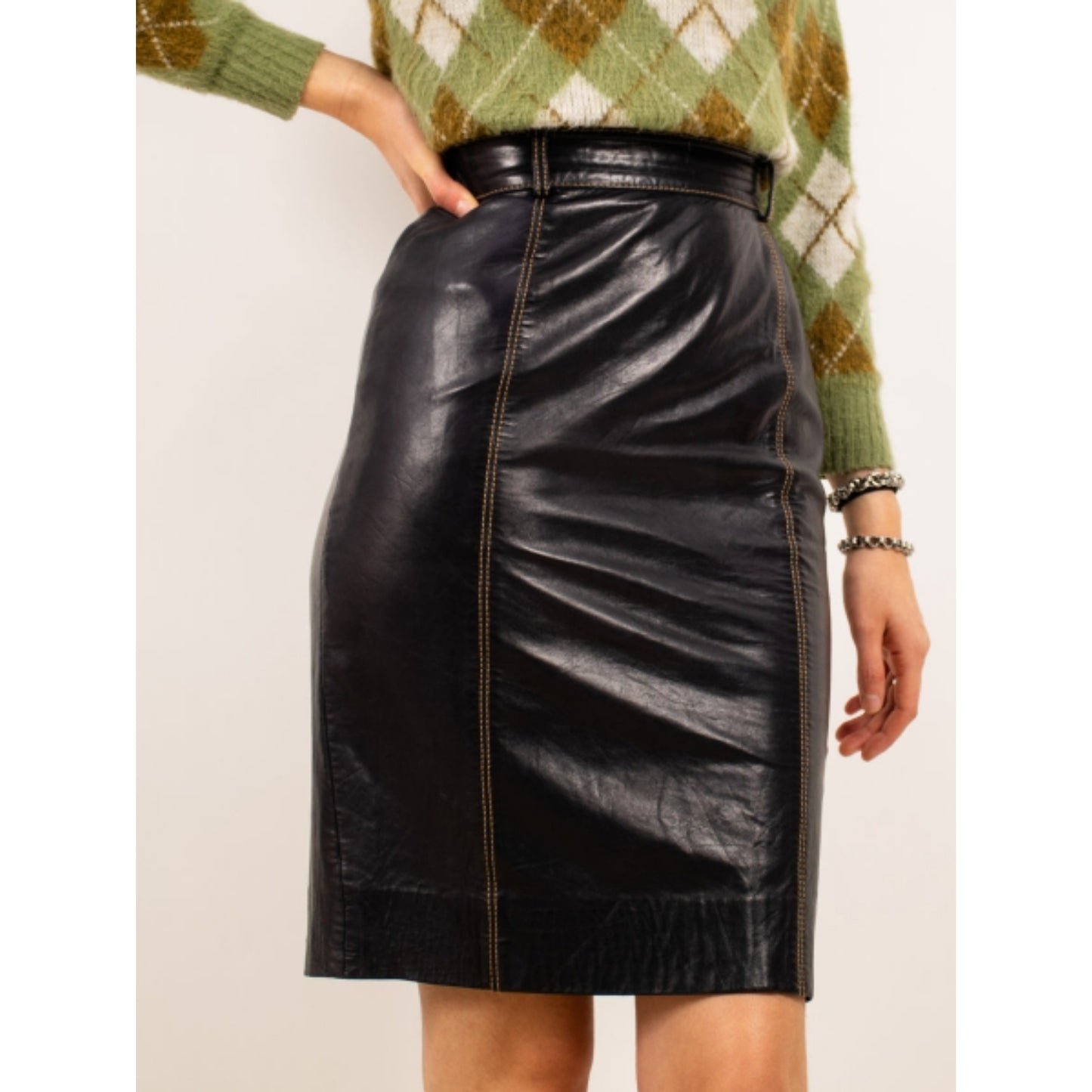 Women's Black Real Lambskin Leather Above Knee Skirt Brown Stitching