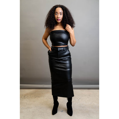 Women's Stylish Black Full Length Skirt with Back Pocket Made with Genuine Lamb Skin Leather