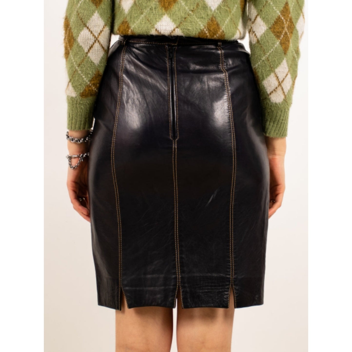 Women's Black Real Lambskin Leather Above Knee Skirt Brown Stitching