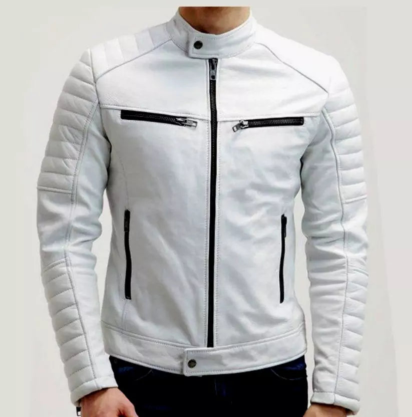 Men's White Leather Motorcycle Jacket