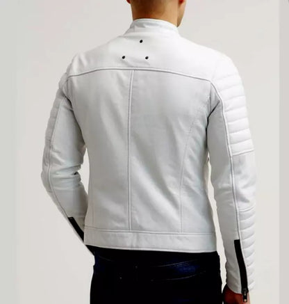 Men's White Leather Motorcycle Jacket