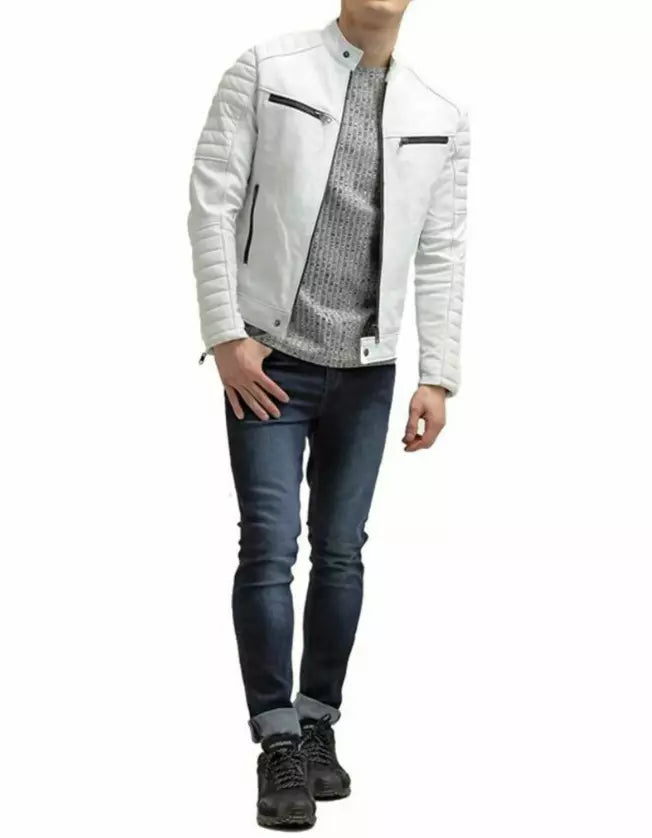 Men's White Leather Motorcycle Jacket